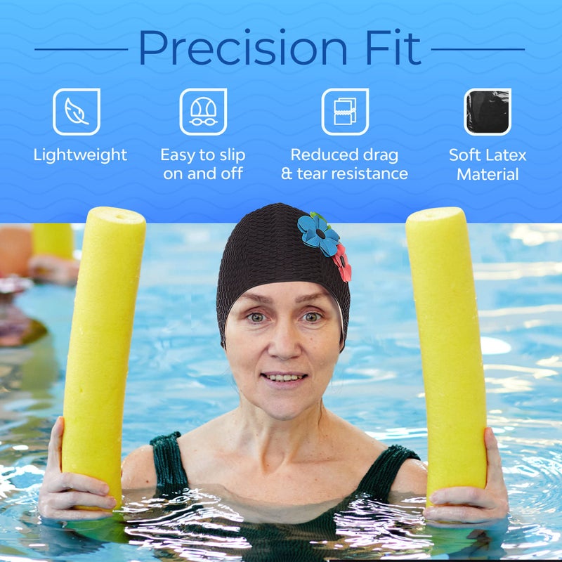 Beemo Latex Swimming Cap for Women, Swim Cap for Long Hair or Short Hair, Bath & Swim Caps to Shield Hair from Damage, Use as Large Shower Cap, Black Swimming Cap with Pink, Green & Blue Flowers - Image 4